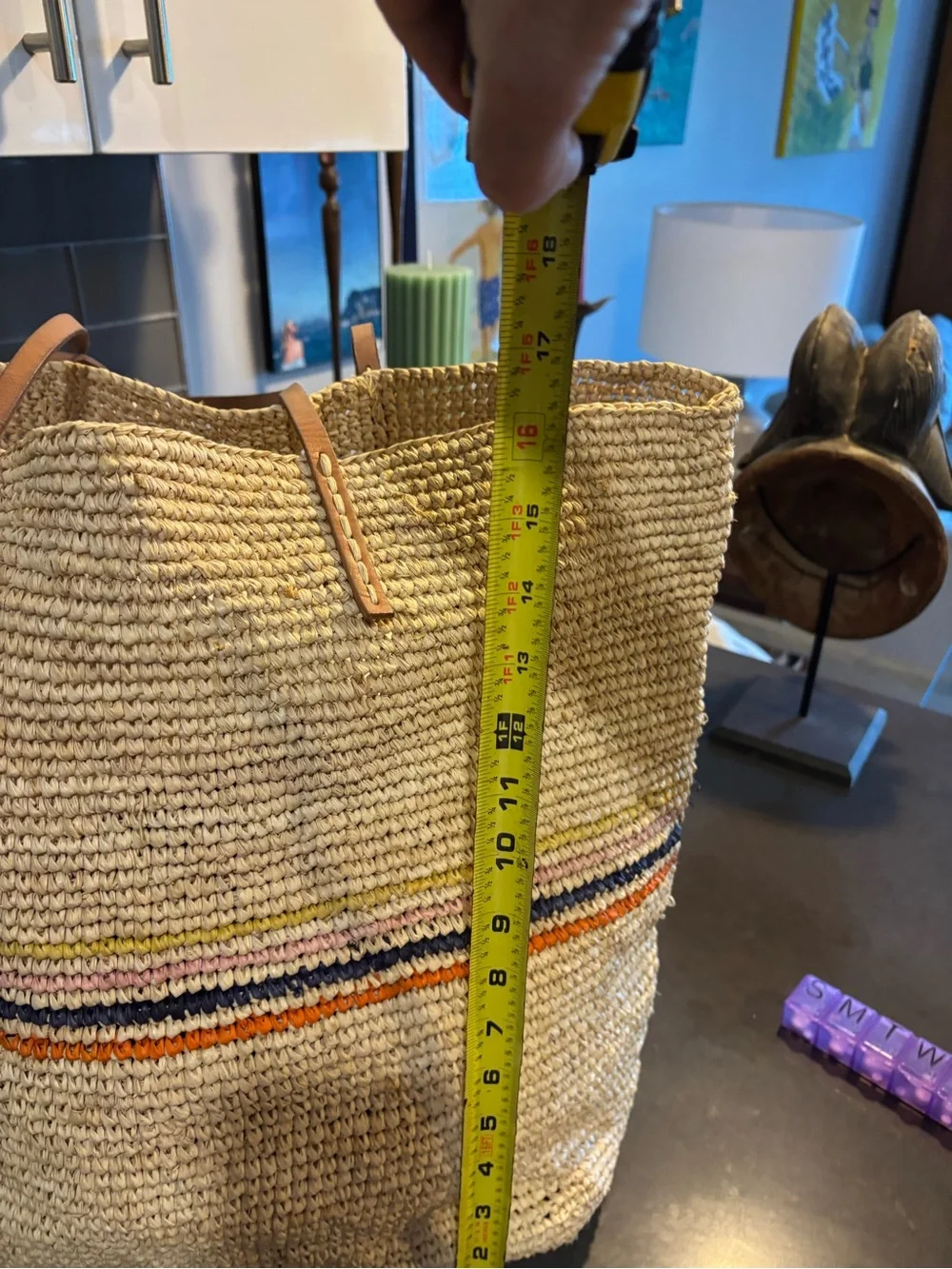 Hat Attack Raffia Straw Tote Multicolor Stripe Leather Handles Boho Beach Bag